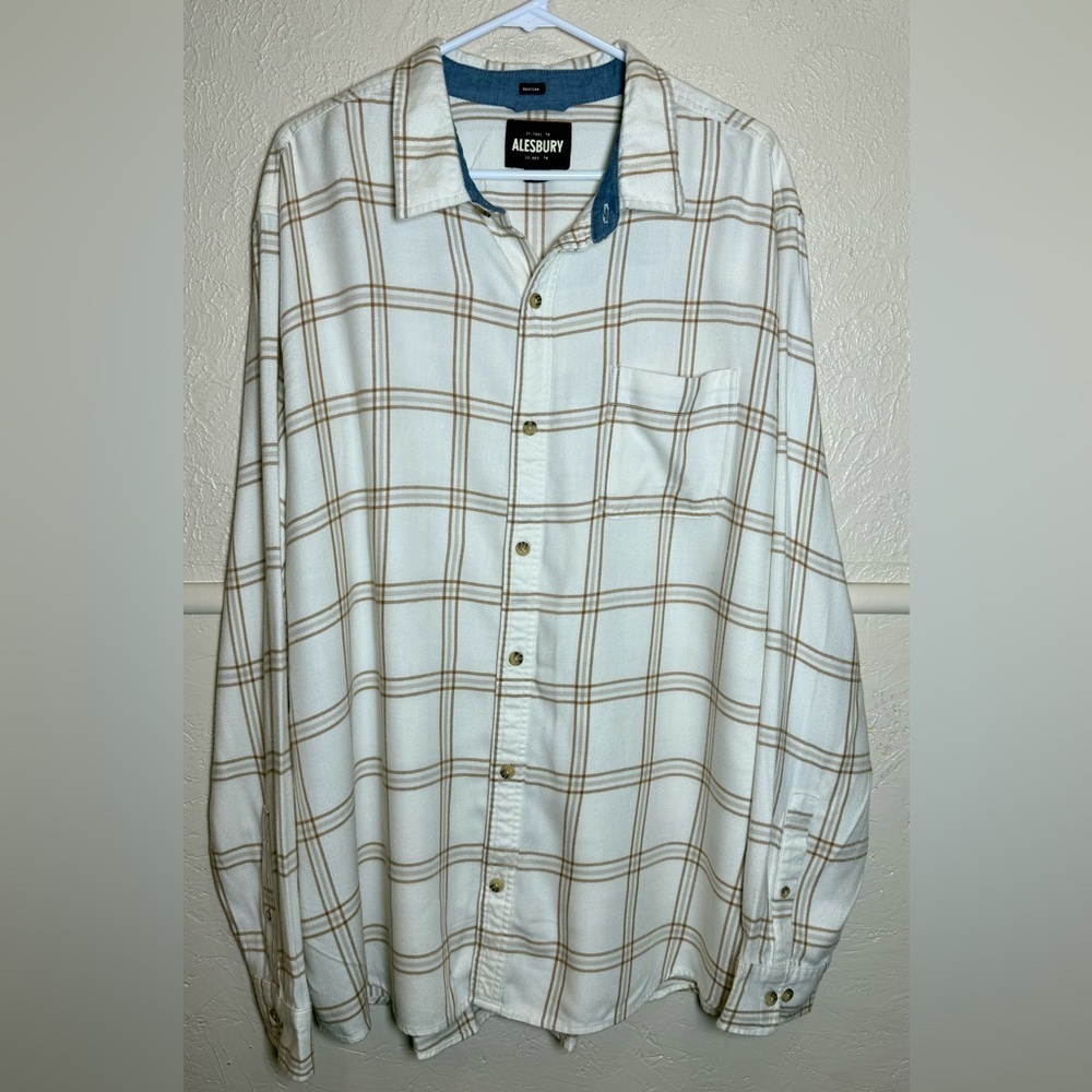 Alesbury Cream & Tan Plaid Button-Up Flannel Shirt Size XXL Tall